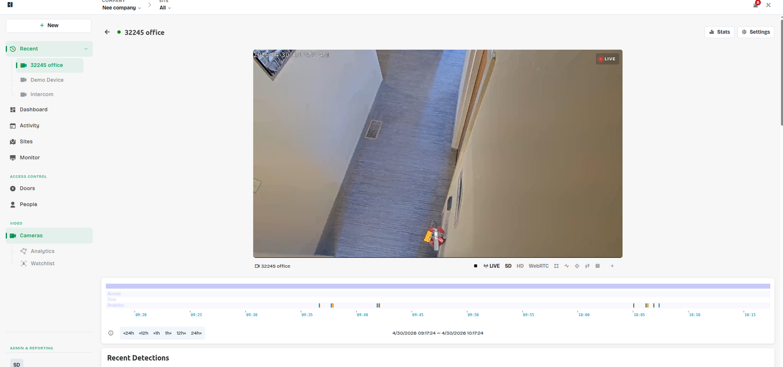 Cube Access live camera view with timeline of access, door, and analytics events