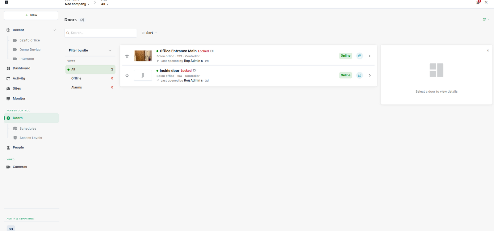 Cube Access doors list showing online status, last-opened-by, and live thumbnail per door